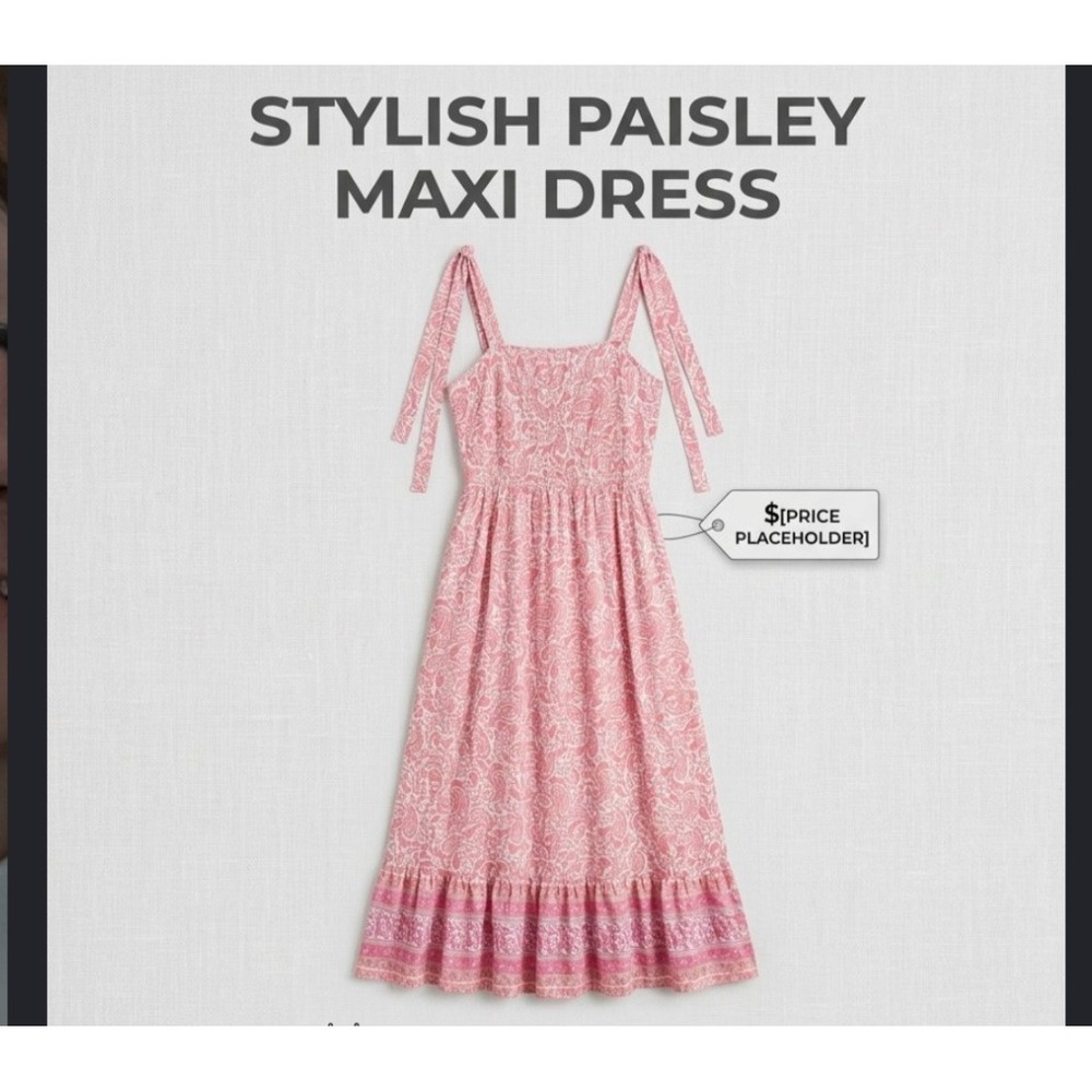 Pink Paisley Maxi Dress Tie Shoulder Ruffle Hem Boho Cottagecore Sun Dress XL